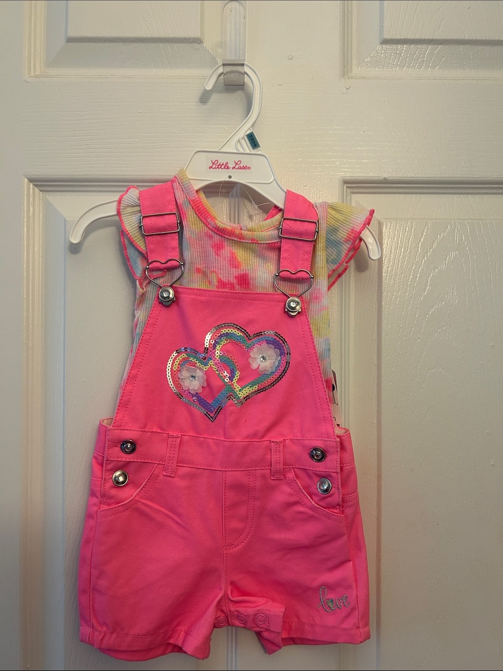 Little Lass Hot Pink Sequin Heart Short Overalls 2 piece